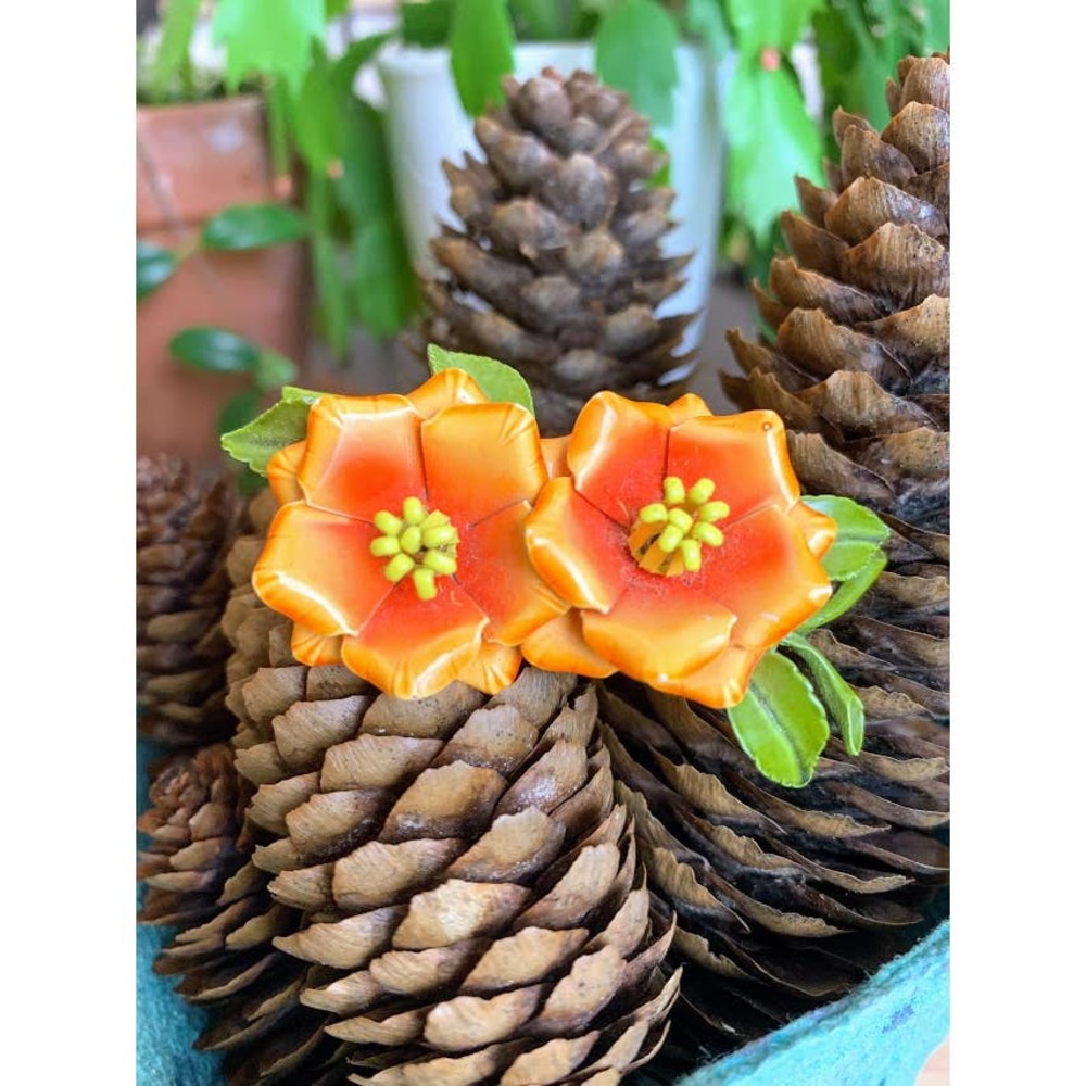 Vintage enamel daisy double flower pin orange brooch